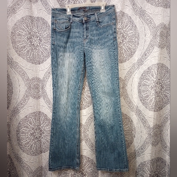 Foster Jeans Co Bootcut Leg Women's10 Blue Flap Back Pockets Stone Low Rise - Picture 12 of 12